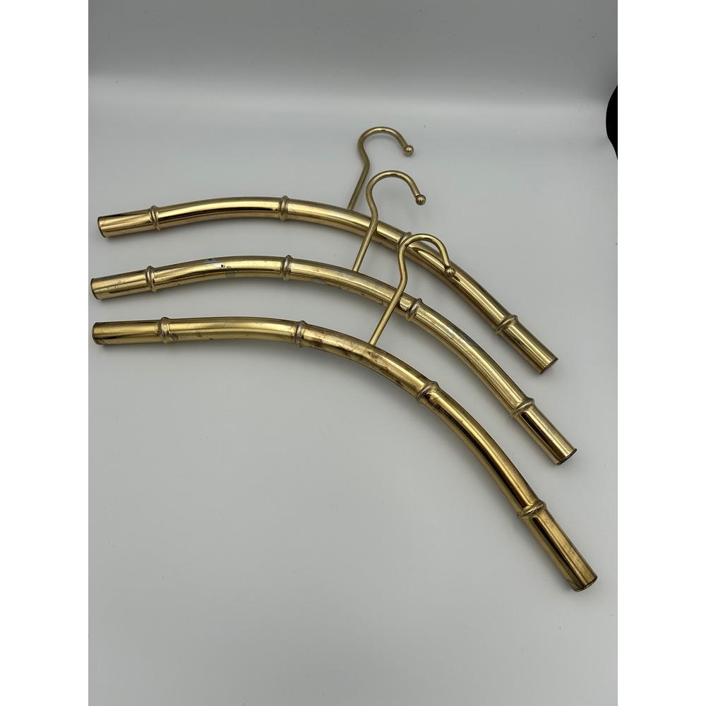 Vintage Brass Faux Bamboo Hangers Set of 3 Hollywood Regency Gold Metal Curved
